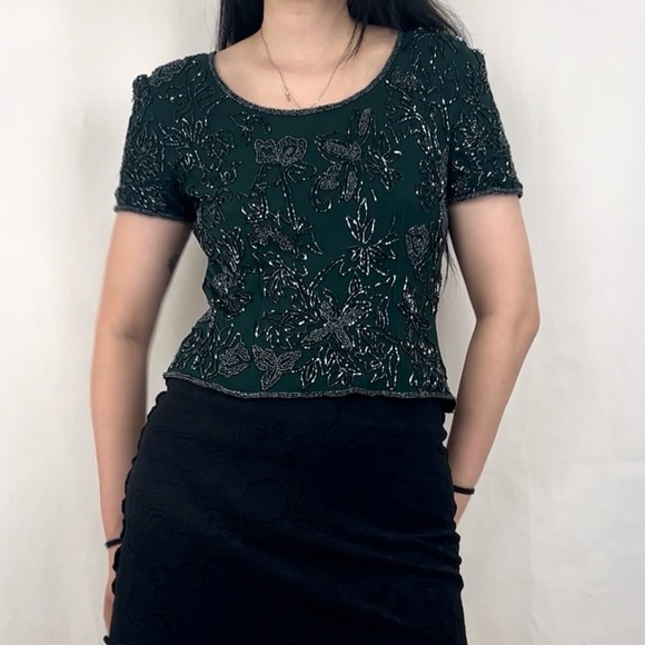 Vintage Dark Green Beaded Floral Silk Top - Picture 2 of 8